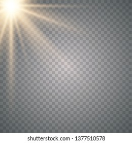 Sun, yellow warm light effect, sun rays, beams on transparent background. Vector illustration eps10.