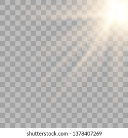 Sun, yellow warm light effect, sun rays, beams on transparent background. Vector illustration eps10.
