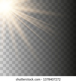 Sun, yellow warm light effect, sun rays with beams on transparent background. Vector illustration eps10.