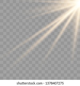 Sun, yellow warm light effect, sun rays, beams on transparent background. Vector illustration eps10.