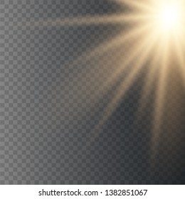 Sun, yellow warm light effect, sun rays, beams on transparent background. Vector illustration eps10.