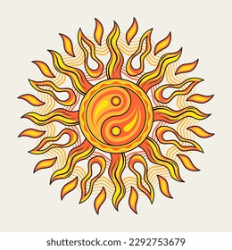 Sun with ying yang symbol. Concept of harmony and balance. Vector illustration in vintage style on white background. Solar sign, alchemy and astrology symbol. Good for groovy, hippie style