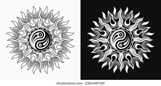 Sun with ying yang symbol. Concept of harmony and balance. Monochrome illustration in vintage style on white, black background. Solar sign, alchemy and astrology symbol. Good for groovy, hippie style