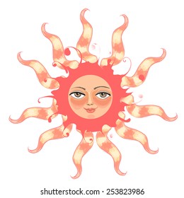Sun.Abstract symbol of the Sun with a human face and a tender smile. Square vector illustration.