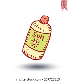 Sunbath oil or sunscreen bottle, Hand drawn vector illustration.