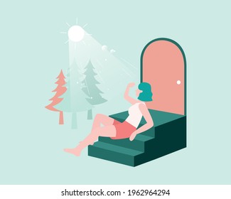 Sunbathe at the home yard, warm sunrise for healthy life,  sit or lie in the rays of the sun to get a tan.