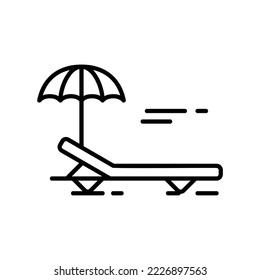 Icono de solárium con cama y paraguas en un estilo de contorno negro