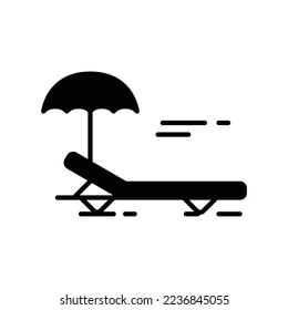Icono de solárium con cama y paraguas de estilo sólido negro