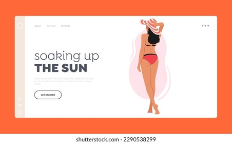 Sunbathe Landing Page Template. Rear View Of Woman Character In Swimsuit and Hat Standing On Beach. Image Promoting Travel Destination, Beachwear, Or Summer Content. Cartoon People Vector Illustration