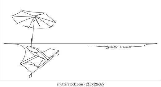 sunbathe lounger bed and umbrella beach holidays summer concept line art illustration with 'sea view' text as a water wave. Continuous line drawing and contouring style vector