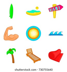 Sunbathe on the beach icons set. Cartoon set of 9 sunbathe on the beach vector icons for web isolated on white background
