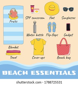 Sunbathing Beach Essentials Infographic. Skin Protection And Sun Safety Infographics. Sun And Summer Safety Tips. Summer Time And Vacation. Hand Drawn Vector Illustration.