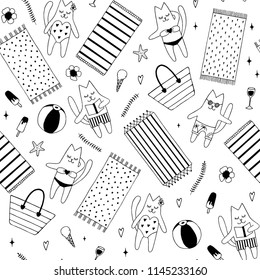 Sunbathing cats in bikini, beach mats and other summer accessories seamless pattern. Hand drawn vector black and white illustration. Cartoon doodle. Background, wallpaper. Colouring page.