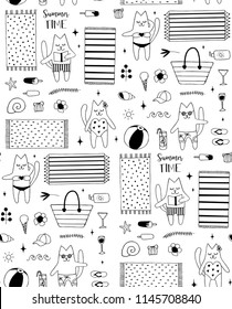 Sunbathing cats in bikini, beach mats and other summer accessories seamless pattern. Hand drawn vector black and white illustration. Cartoon doodle. Background, wallpaper. Colouring page.