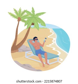 Sunbathing with cocktail in beach chair 2D vector isolated illustration. Tanned man with drink flat character on cartoon background. Colourful editable scene for mobile, website, presentation
