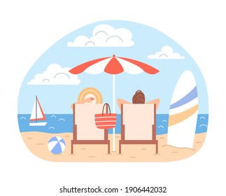 Sunbathing couple man, woman with beach umbrella, deck chairs relax at blue ocean seaside landscape. Summer family holidays. Cartoon vacation season sea leisure concept Flat travel vector illustration