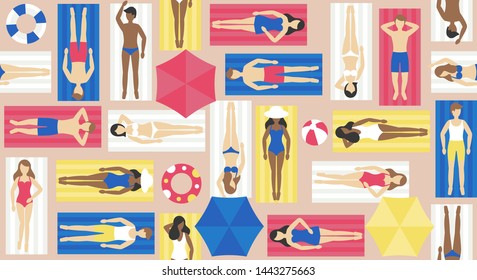 Sunbathing, different people on beach mat vector illustration