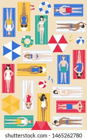 Sunbathing, different people on beach mat vector illustration
