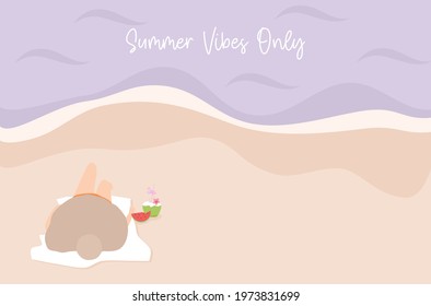 Sunbathing girl lying on the beach with watermelon and coconut water relaxing. Flat design of ‘Summer vibes only’ poster.