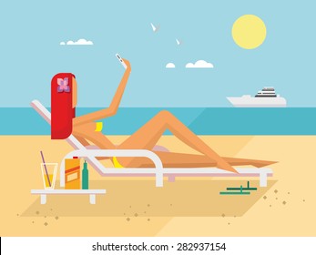 Sunbathing girl on the beach doing selfie flat vector illustration