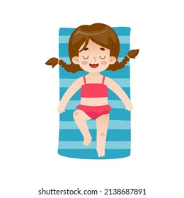 Sunbathing girl on beach towel. Cartoon kid laying on the beach and smiling. Cute little child on vacation.