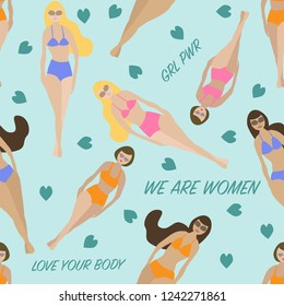 sunbathing girls hand drawn vector retro cartoon summer time fun seamless pattern  on shore beach 