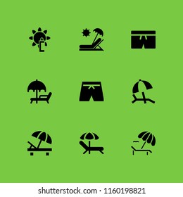 sunbathing icon. 9 sunbathing set with sunbed, sunblock and swimsuit vector icons for web and mobile app