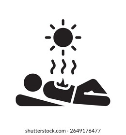 Ícone de banho de sol com uma pessoa deitada sob o sol representando o bronzeamento relaxamento em uma praia e o risco de exposição à pele UV vetor ícone de glifo sólido