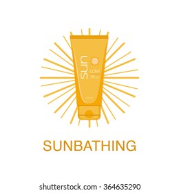 Sunbathing illustration with sun cream icon and lights of a sun on background. Summer vacation concept.