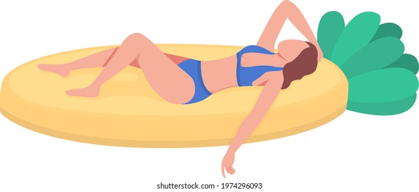 Sunbathing in inflatable pineapple float flat color vector faceless character. Water activity. Swimming pool party isolated cartoon illustration for web graphic design and animation