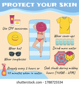 Sunbathing Infographic. Skin Protection And Sun Safety Infographics. Sun And Summer Safety Tips. The Girl Sunbathes On The Beach. Summer Time And Vacation. Hand Drawn Vector Illustration.