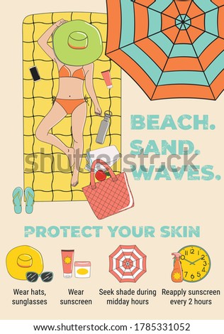 Sunbathing infographic. Skin protection and sun safety infographics. Sun and summer safety tips. The girl sunbathes on the beach. Summer time and vacation. Hand drawn vector illustration.