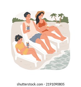 Sunbathing isolated cartoon vector illustration. Family sunbathing, relaxing in the sun, lying on lounger, drinking tropical cocktail, seaside resort beach, summer holiday vector cartoon.