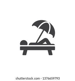 Sunbathing man vector icon. Human relax on chaise lounge filled flat sign for mobile concept and web design. Man with chair and beach umbrella glyph icon. Symbol, logo illustration. Pixel perfect 