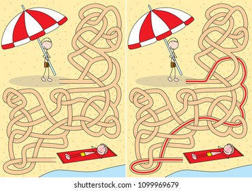 Sunbathing maze for kids with a solution
