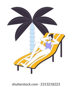 Sunbathing on beach flat line vector spot illustration. Caucasian swimsuit woman on lounge chair 2D cartoon outline character on white for web UI design. Editable isolated colorful hero image