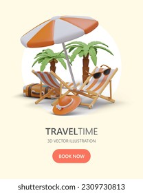 Sunbathing on beach. Pleasant holiday by sea. Vacation on ocean coast. Time to relax. Poster with 3D figures for web design. Ready made template of advertising offer