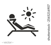 sunbathing person, sun bath icon, human on chaise lounge, natural tan, flat vector illustration eps10