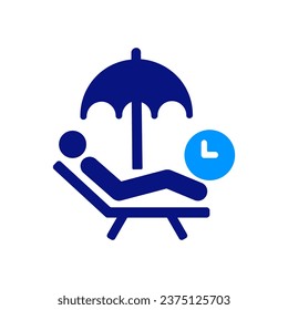 Sunbathing, pool, resort. Man laying on beach chair under an umbrella getting tanned with the sun on the beach with clock, alarm. Summer, traveling, vacation.