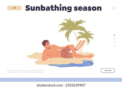 Sunbathing season landing page cartoon template with happy relaxing man wearing swimwear on beach