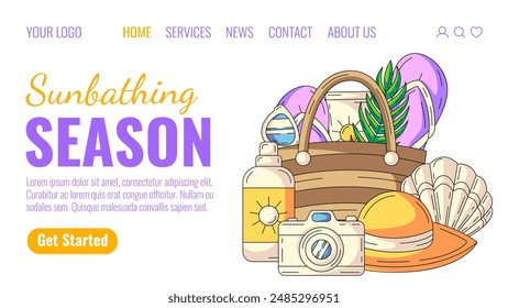 Sunbathing season. Summer elements and accessories for beach holidays. Sunscreen, sunglasses, flip flops in bag, camera, hat and seashell. Landing page vector template for website, web, online, banner