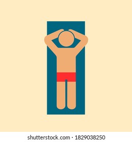 Sunbathing and tanning - man is lying on lounger on the beach. Holidaymaker is relaxing on holiday and vacation. Vector illustration