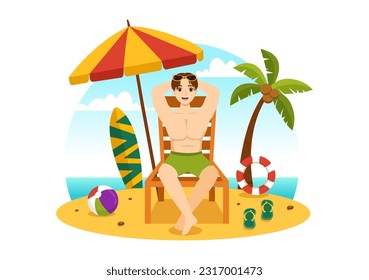 Sunbathing Vector Illustration of People Lying on Chaise Lounge and Relaxing on Beach Summer Holidays in  Flat Cartoon Hand Drawn Templates
