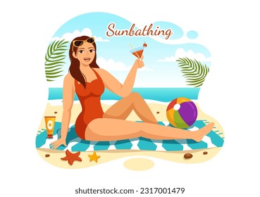Sunbathing Vector Illustration of People Lying on Chaise Lounge and Relaxing on Beach Summer Holidays in  Flat Cartoon Hand Drawn Templates