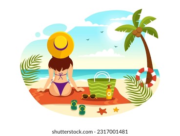 Vector de solárium Ilustración de personas sentadas en Chaise Lounge y relajándose en vacaciones de verano en playa con plantillas de dibujos a mano de dibujos planos