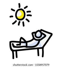 Sunbathing Vector Stick Figure Person Tanning In Sun. Hand Drawn Isolated Human Doodle Icon Motif Element in Flat Color. For Vacation, Resort, Sunlight or Summer Concept. Pictogram EPS 10