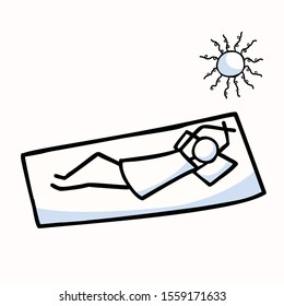 Sunbathing Vector Stick Figure Person. Relaxing & Tanning In Sun. Hand Drawn Isolated Human Doodle Icon Motif Element in Flat Color. For Vacation, Resort, Sunlight or Summer Concept. Pictogram EPS 10