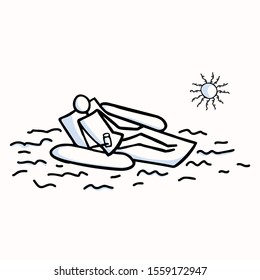 Sunbathing Vector Stick Figure Person. Relaxing with Drink on Pool float In Sun. Hand Drawn Isolated Human Doodle Icon Motif Element For Vacation, Resort, Sunlight or Summer Concept. Pictogram EPS 10