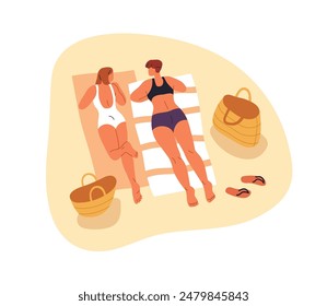 Mujer tomando el sol en la playa de verano. Tiempo libre en Festiva, chicas amigas relajándose en la arena, tumbadas en bikini, charlando, relajándose. Mujeres en el centro turístico. Ilustración vectorial plana aislada sobre fondo blanco