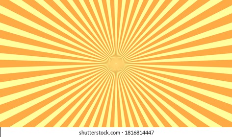Sunbeam abstract background. Symmetrical radial yellow and orange sun rays. Ornamental comic pattern. vintage style poster design. Flat style line texture. Vector illustration.